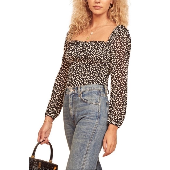 Reformation Shirt Bacio Ruffle Tie Back Crop Top Black White Square Neck 2 NEW - Picture 1 of 16